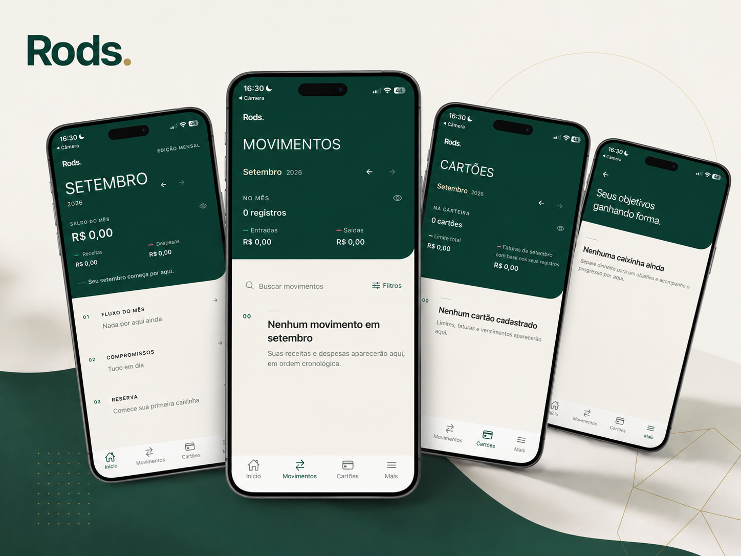 Interfaces do Rods. mostrando visão mensal, movimentos, cartões e caixinhas