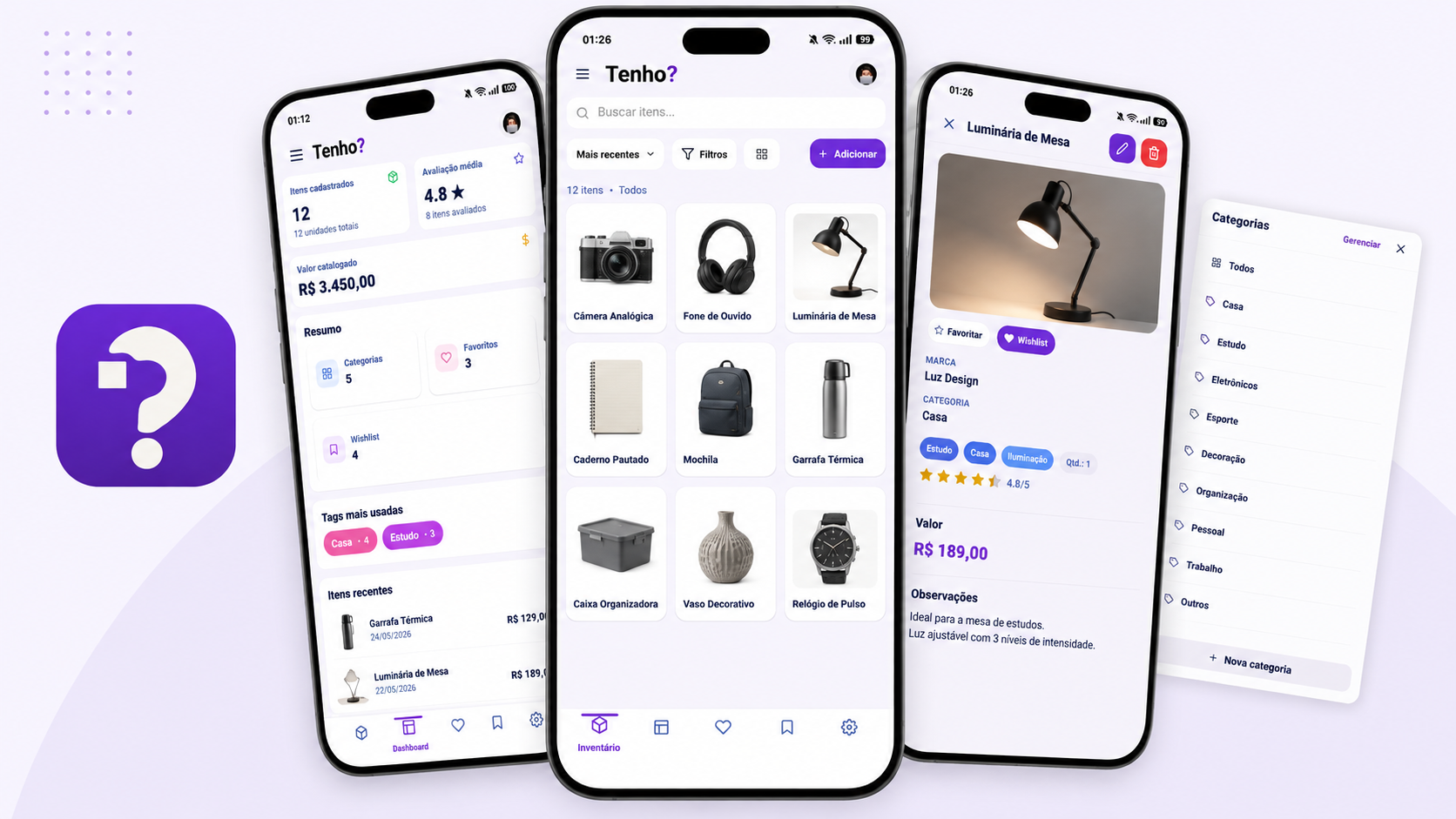 Interfaces do Tenho? mostrando inventário, dashboard e organização de itens